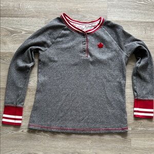 Grey & Red Woman’s Canadiana Henley Top with Maple Leaf Accent